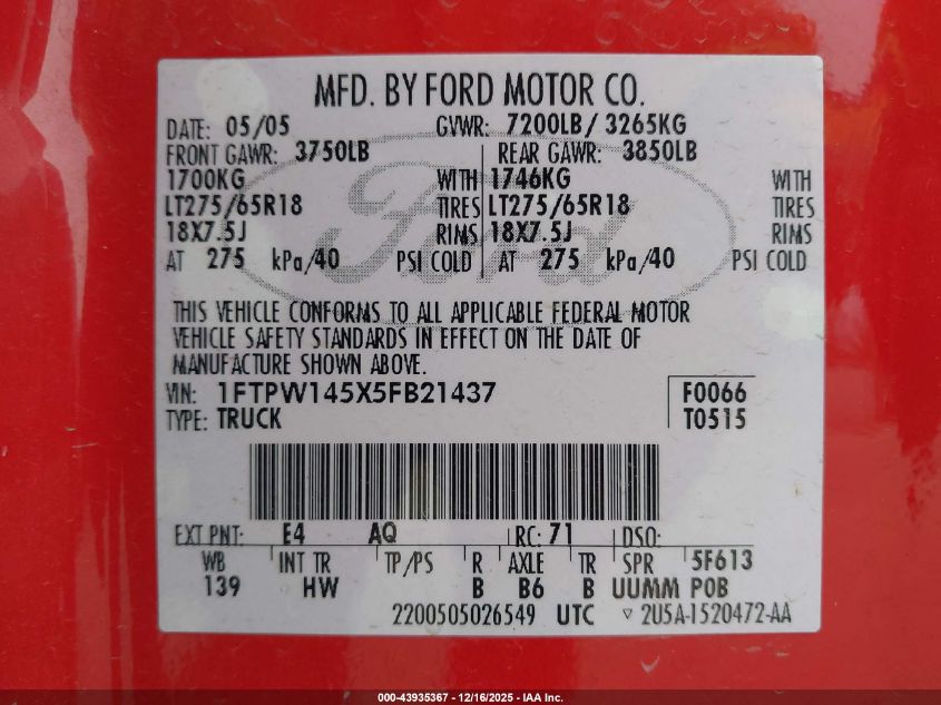 2005 Ford F-150 Fx4/Lariat/Xlt VIN: 1FTPW145X5FB21437 Lot: 43935367