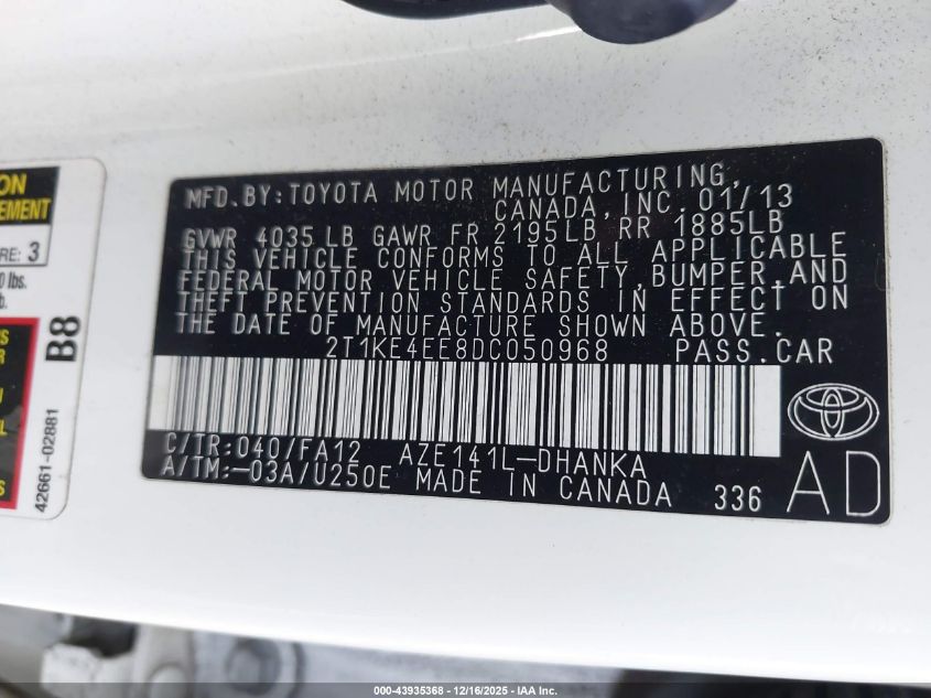 2013 Toyota Matrix S VIN: 2T1KE4EE8DC050968 Lot: 43935368