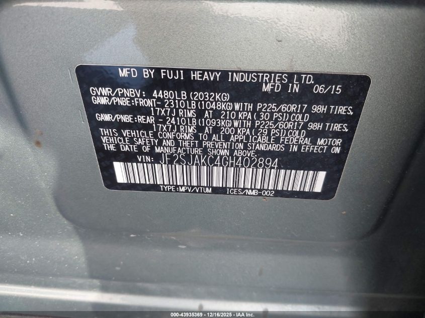 2016 Subaru Forester 2.5I Limited VIN: JF2SJAKC4GH402894 Lot: 43935369