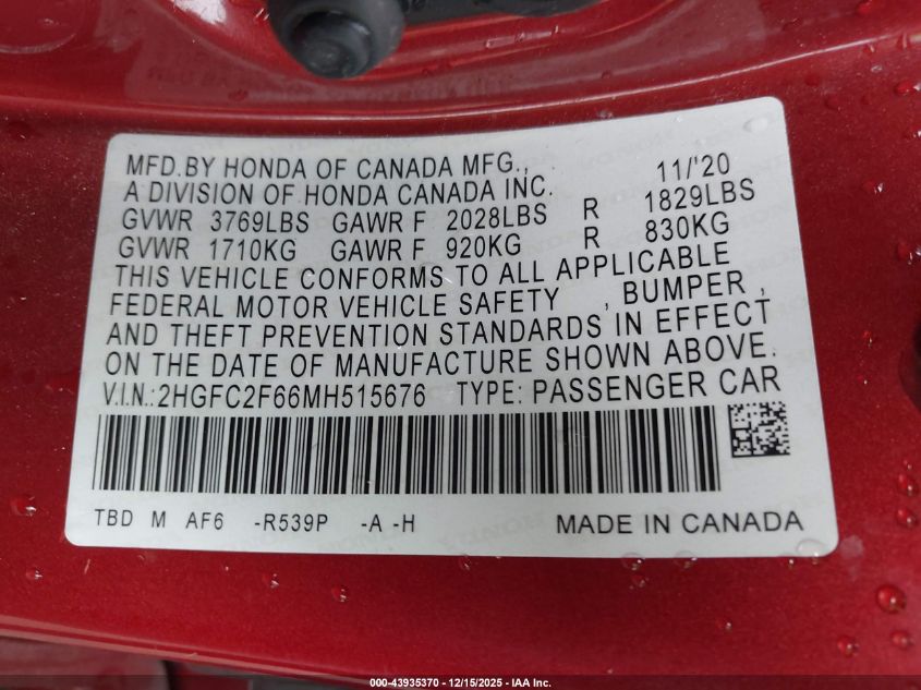 2021 Honda Civic Lx VIN: 2HGFC2F66MH515676 Lot: 43935370