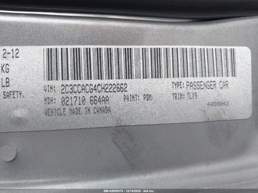 2012 Chrysler 300 Limited VIN: 2C3CCACG4CH222662 Lot: 43935374