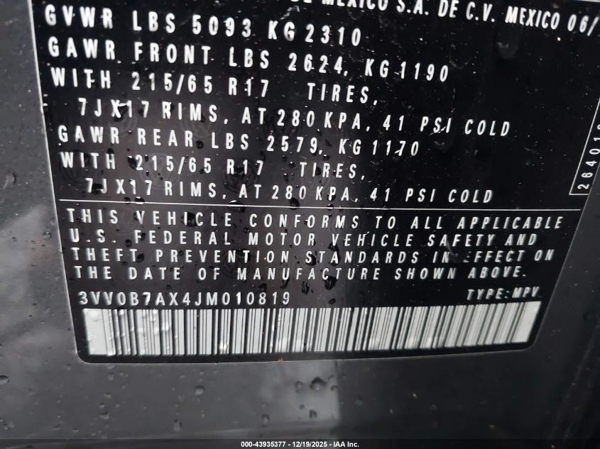 2018 Volkswagen Tiguan 2.0T S VIN: 3VV0B7AX4JM010819 Lot: 43935377