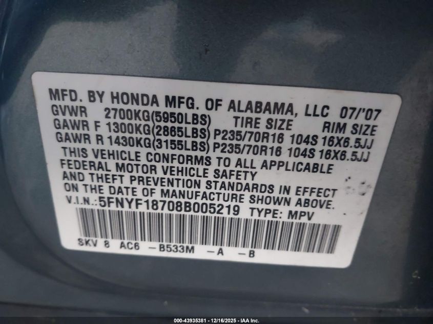 2008 Honda Pilot Ex-L VIN: 5FNYF18708B005219 Lot: 43935381