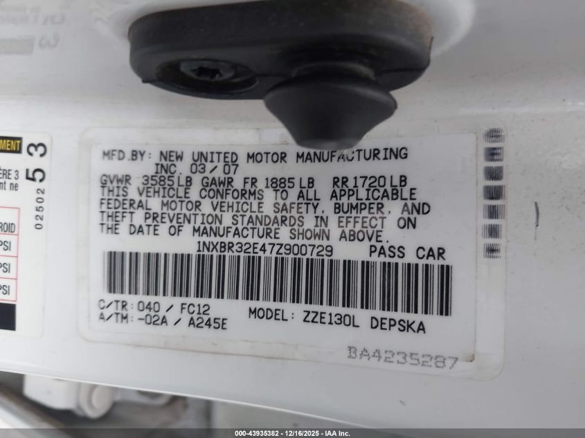 2007 Toyota Corolla S VIN: 1NXBR32E47Z900729 Lot: 43935382