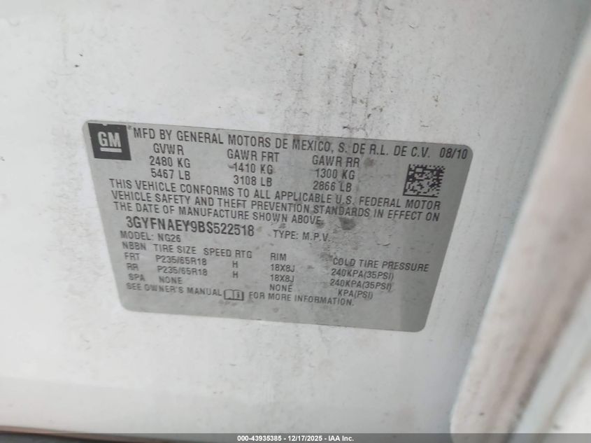 2011 Cadillac Srx Luxury Collection VIN: 3GYFNAEY9BS522518 Lot: 43935385