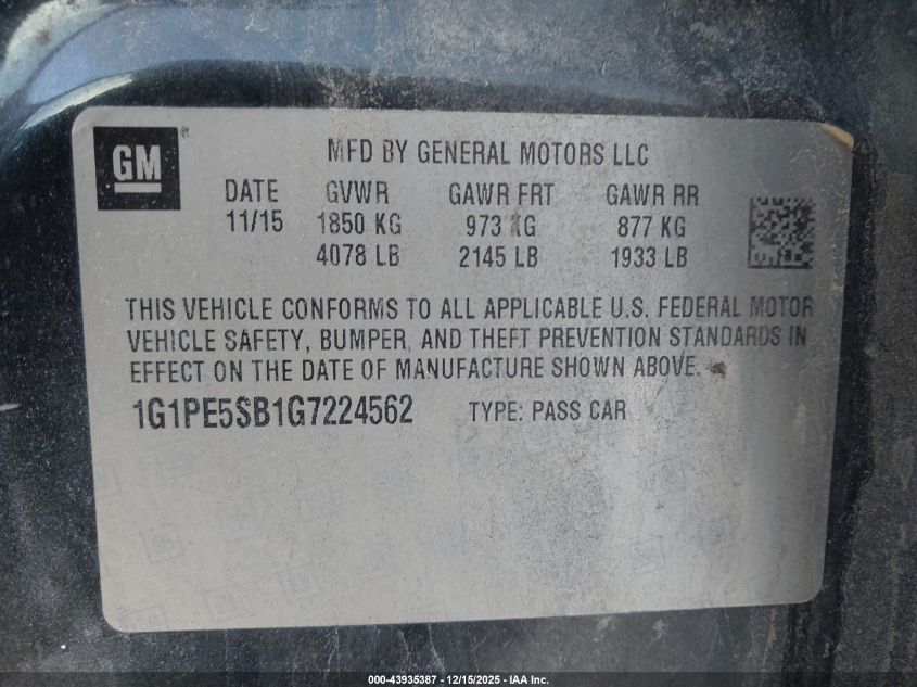 2016 Chevrolet Cruze Limited 1Lt Auto VIN: 1G1PE5SB1G7224562 Lot: 43935387