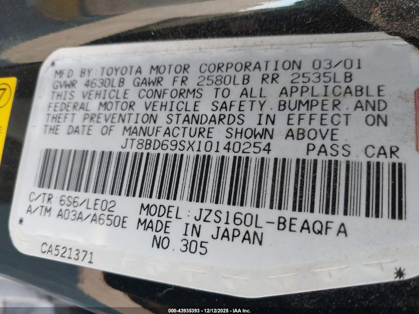 2001 Lexus Gs 300 VIN: JT8BD69SX10140254 Lot: 43935393