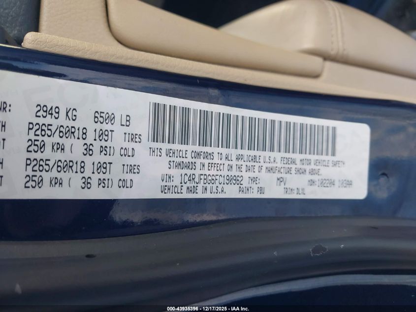 2015 Jeep Grand Cherokee Limited VIN: 1C4RJFBG6FC190962 Lot: 43935396