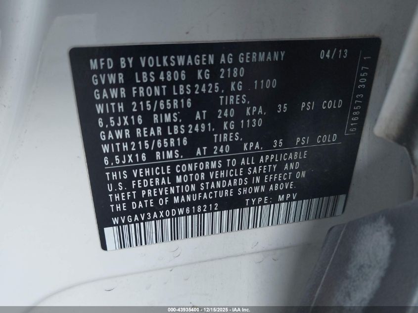 2013 Volkswagen Tiguan S VIN: WVGAV3AX0DW618212 Lot: 43935400
