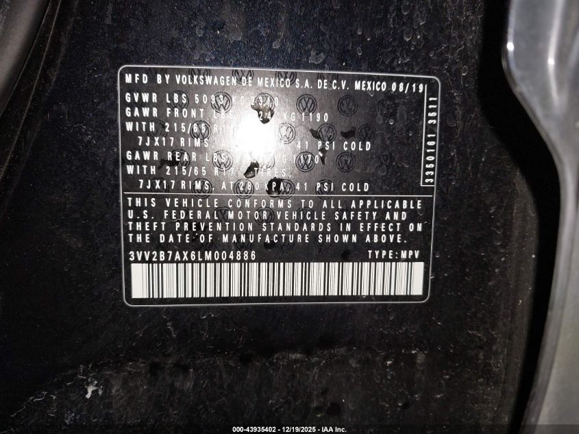 2020 Volkswagen Tiguan 2.0T Se/2.0T Se R-Line Black/2.0T Sel VIN: 3VV2B7AX6LM004886 Lot: 43935402