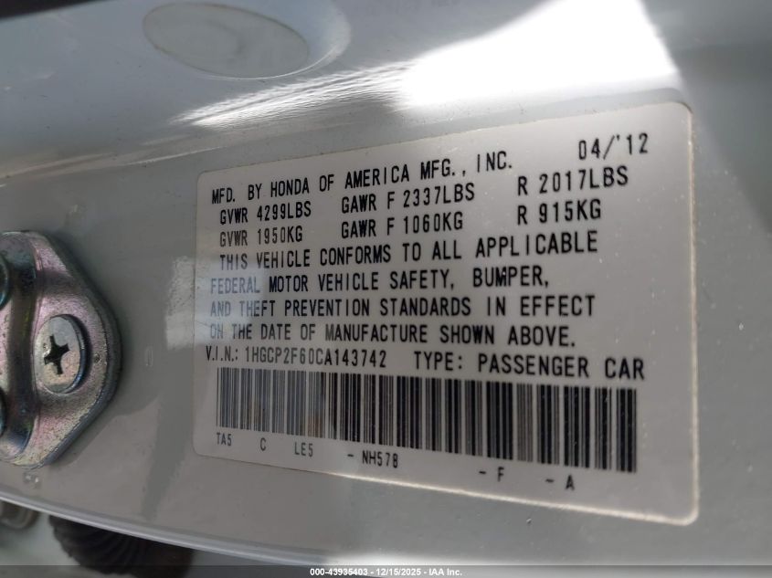 2012 Honda Accord 2.4 Se VIN: 1HGCP2F60CA143742 Lot: 43935403