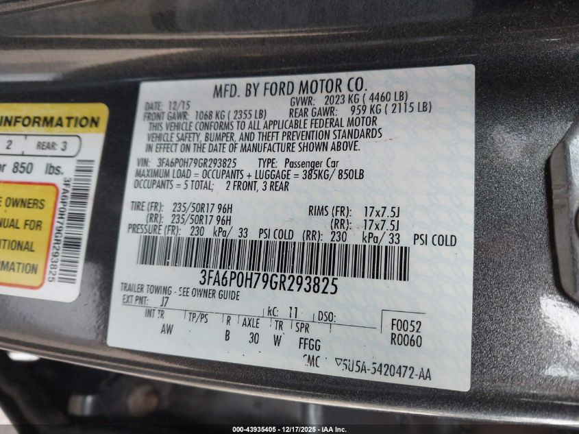 2016 Ford Fusion Se VIN: 3FA6P0H79GR293825 Lot: 43935405