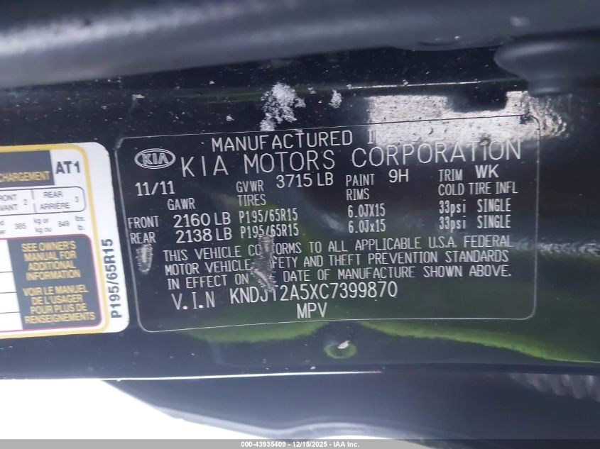 2012 Kia Soul VIN: KNDJT2A5XC7399870 Lot: 43935409