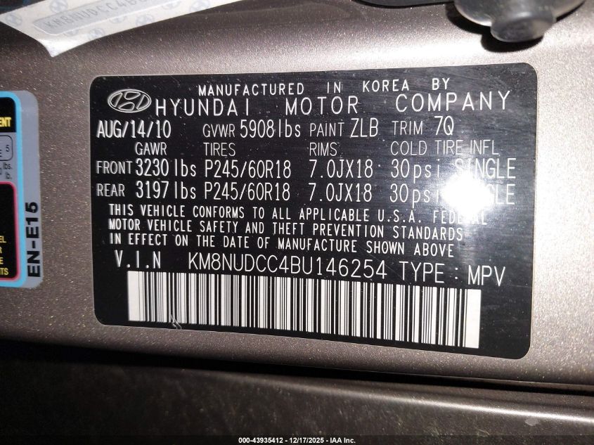 2011 Hyundai Veracruz Limited VIN: KM8NUDCC4BU146254 Lot: 43935412