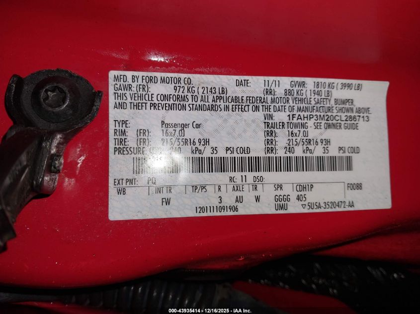 2012 Ford Focus Sel VIN: 1FAHP3M20CL286713 Lot: 43935414