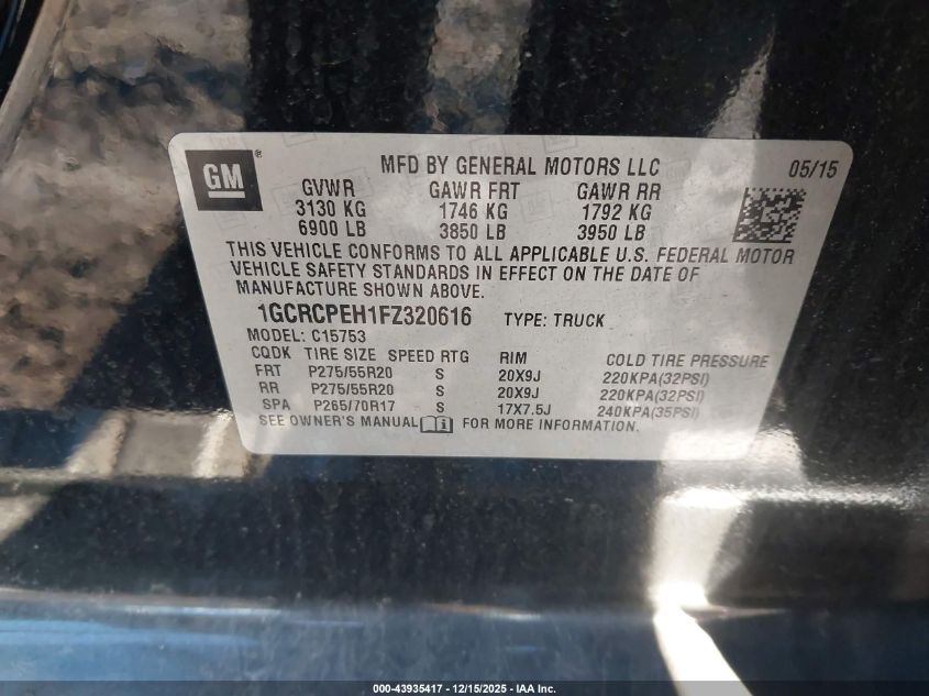 2015 Chevrolet Silverado 1500 Wt VIN: 1GCRCPEH1FZ320616 Lot: 43935417