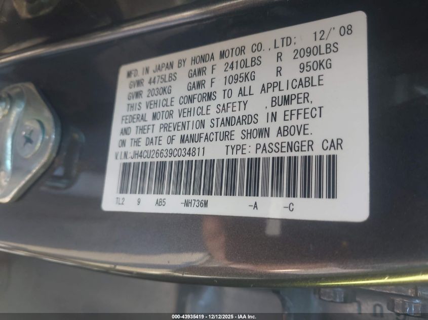 2009 Acura Tsx VIN: JH4CU26639C034811 Lot: 43935419