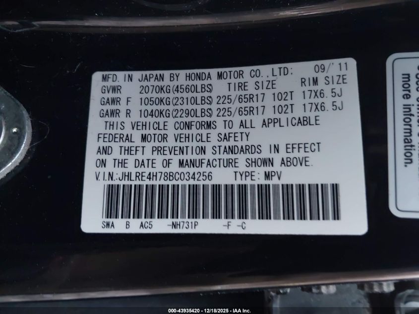 2011 Honda Cr-V Ex-L VIN: JHLRE4H78BC034256 Lot: 43935420