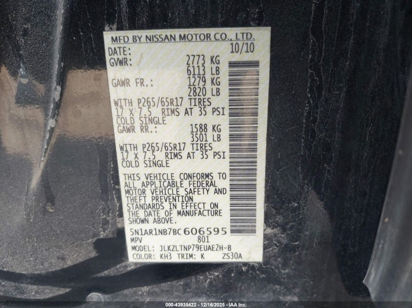 2011 Nissan Pathfinder VIN: 5N1AR1B7BC606595 Lot: 43935422