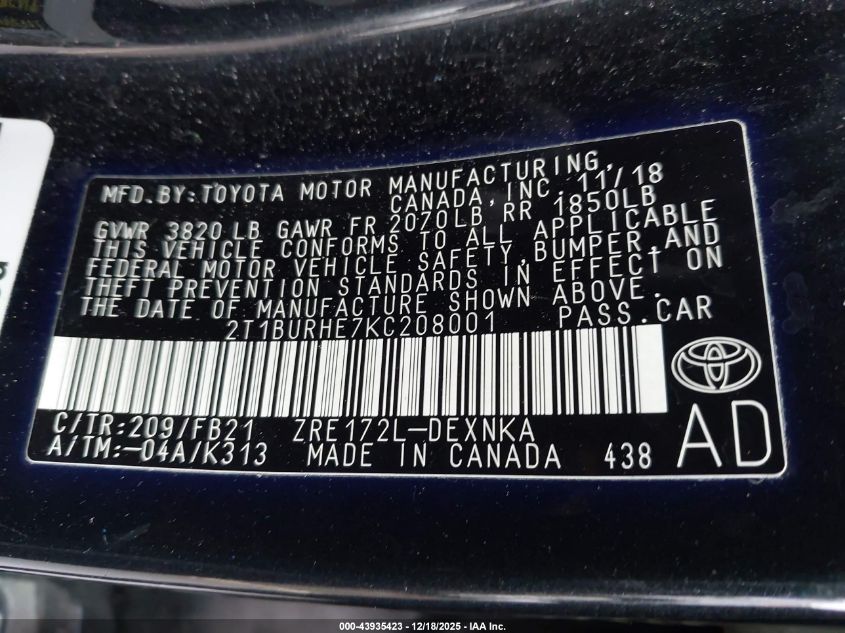 2019 Toyota Corolla Le VIN: 2T1BURHE7KC208001 Lot: 43935423