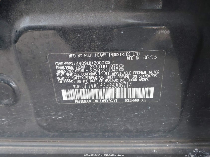 JF1VA1B65G9806714 2016 SUBARU WRX photo no. 9
