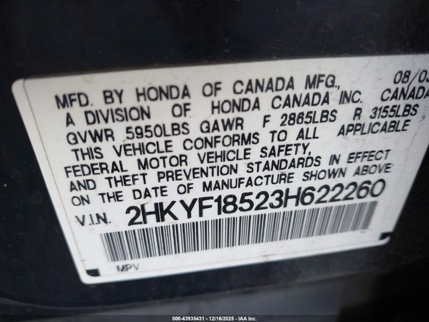 2003 Honda Pilot Ex-L VIN: 2HKYF18523H622260 Lot: 43935431
