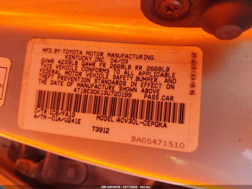 2003 Toyota Camry Xle VIN: 4T1BE30K13U720199 Lot: 43935435