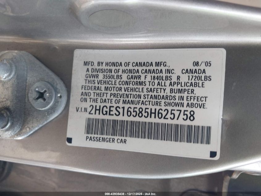 2005 Honda Civic Lx VIN: 2HGES16585H625758 Lot: 43935438