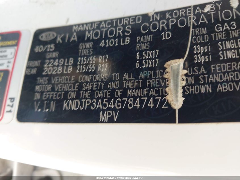 2016 Kia Soul + VIN: KNDJP3A54G7847472 Lot: 43935441