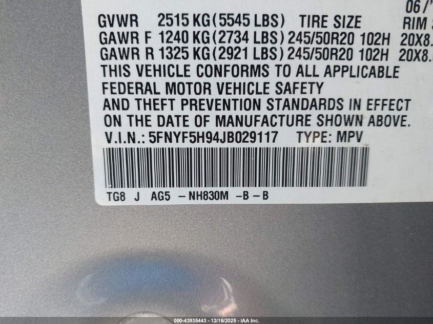 2018 Honda Pilot Touring VIN: 5FNYF5H94JB029117 Lot: 43935443