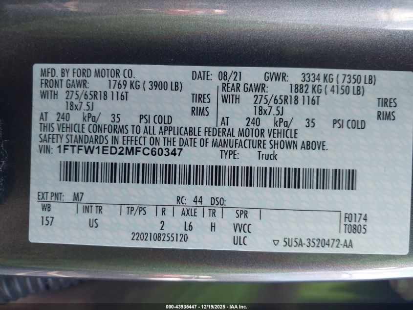 2021 Ford F-150 Xlt VIN: 1FTFW1ED2MFC60347 Lot: 43935447