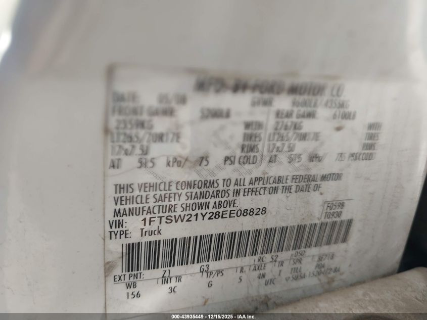 2008 Ford F-250 Fx4/Harley-Davidson/King Ranch/Lariat/Xl/Xlt VIN: 1FTSW21Y28EE08828 Lot: 43935449