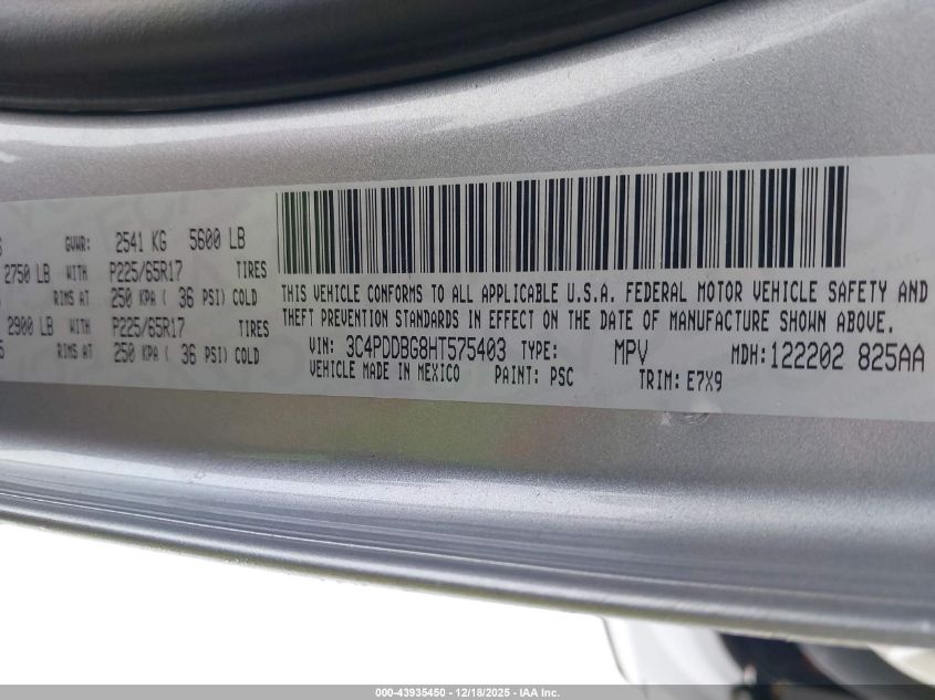 2017 Dodge Journey Sxt Awd VIN: 3C4PDDBG8HT575403 Lot: 43935450