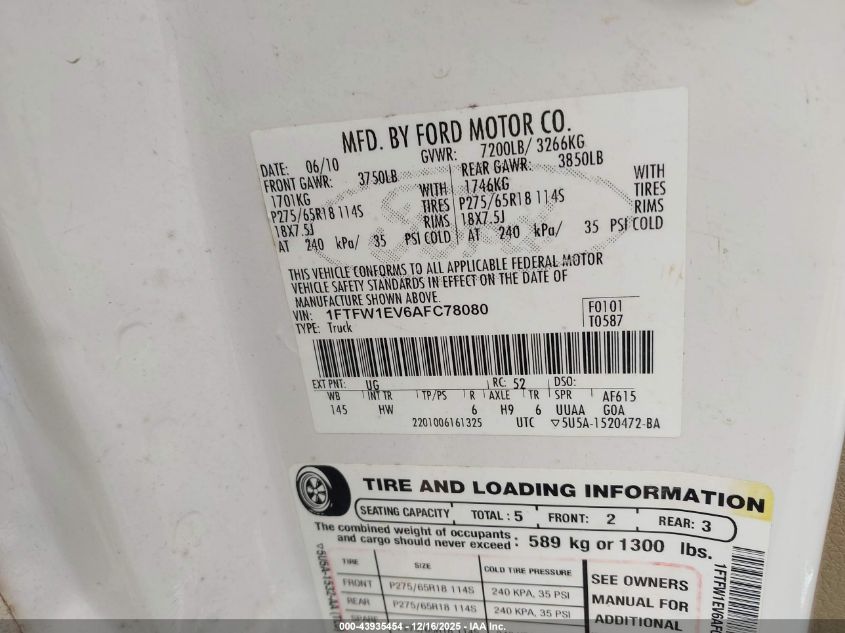 2010 Ford F-150 Fx4/Harley-Davidson/King Ranch/Lariat/Platinum/Xl/Xlt VIN: 1FTFW1EV6AFC78080 Lot: 43935454