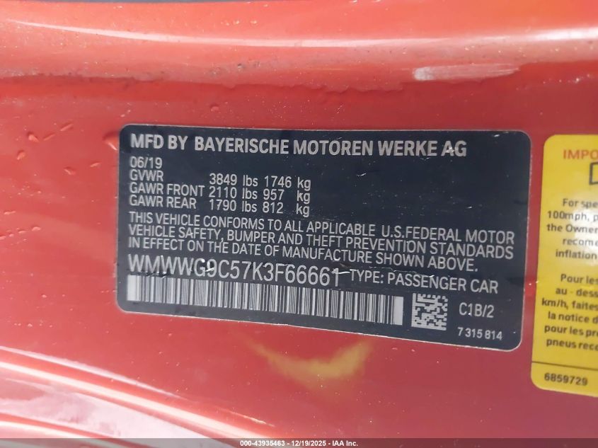2019 Mini Convertible Cooper S VIN: WMWWG9C57K3F66661 Lot: 43935463
