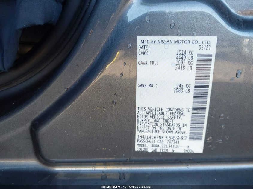 2022 Nissan Altima Sr Vc-Turbo Fwd VIN: 1N4AL4CV7NN356987 Lot: 43935471