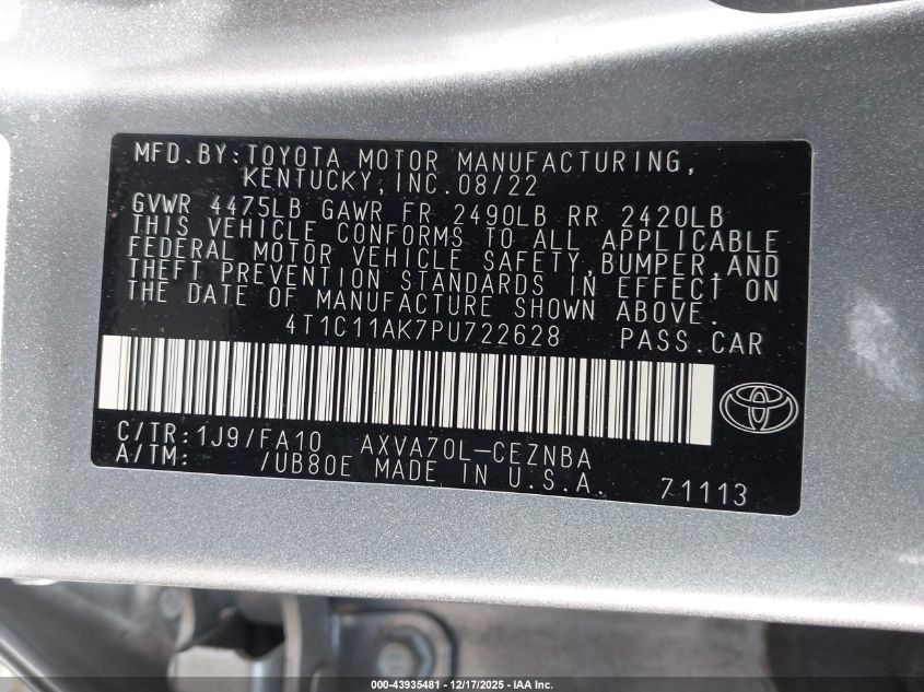 2023 Toyota Camry Le VIN: 4T1C11AK7PU722628 Lot: 43935481