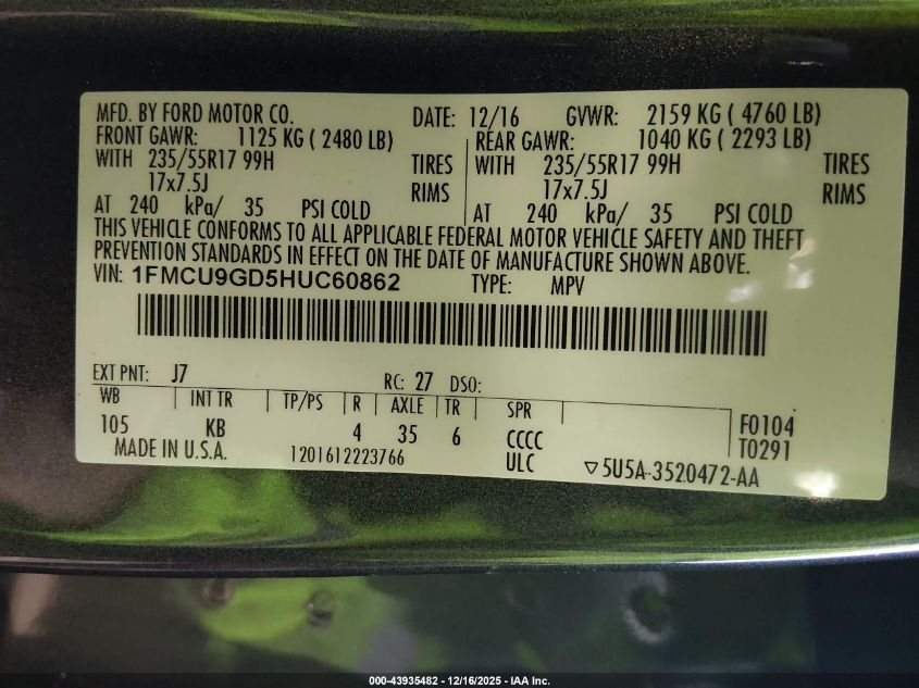 2017 Ford Escape Se VIN: 1FMCU9GD5HUC60862 Lot: 43935482