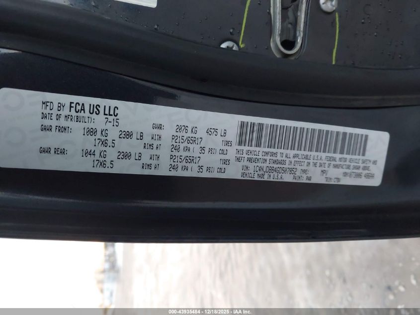 2016 Jeep Compass Sport VIN: 1C4NJDBB4GD507852 Lot: 43935484