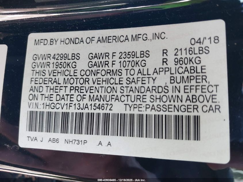 2018 Honda Accord Lx VIN: 1HGCV1F13JA154672 Lot: 43935485