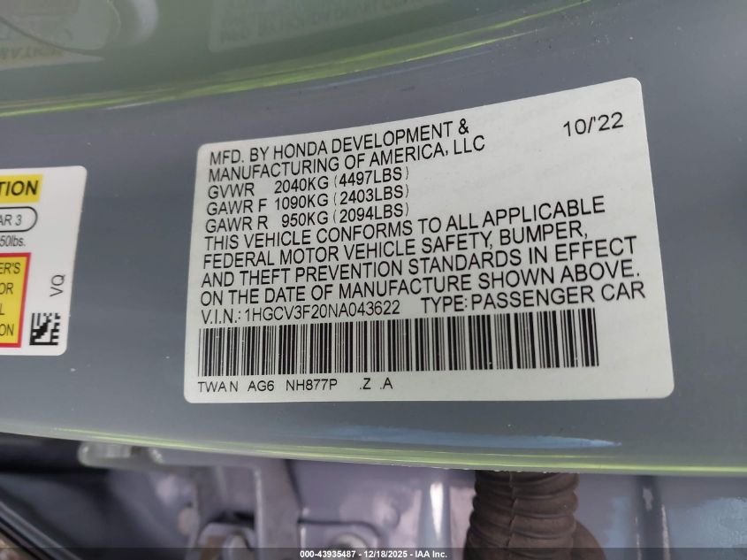 2022 Honda Accord Hybrid Sport VIN: 1HGCV3F20NA043622 Lot: 43935487