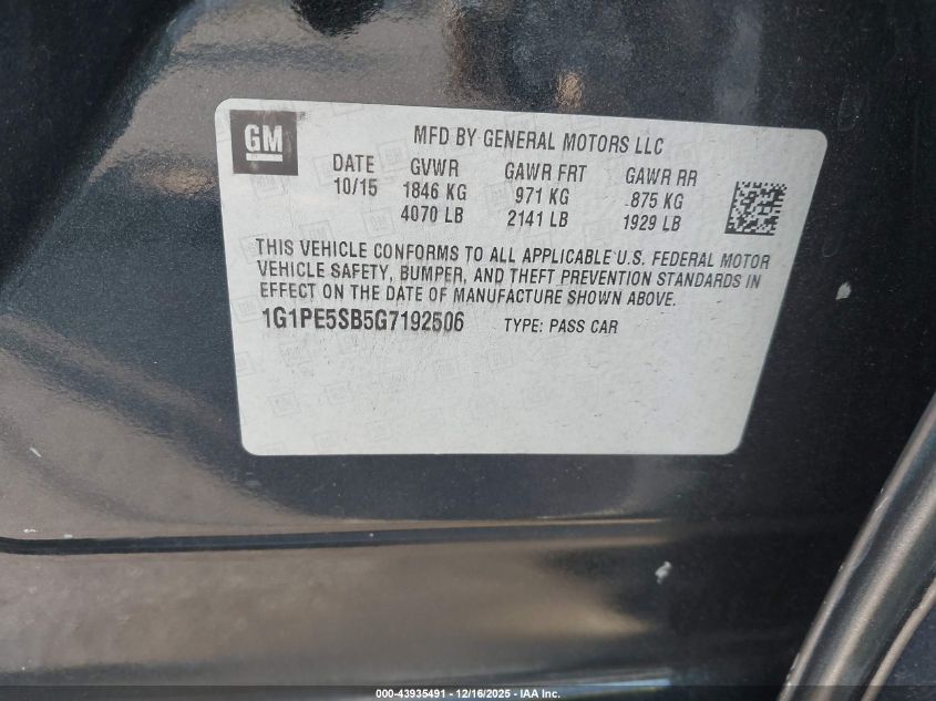 2016 Chevrolet Cruze Limited 1Lt Auto VIN: 1G1PE5SB5G7192506 Lot: 43935491