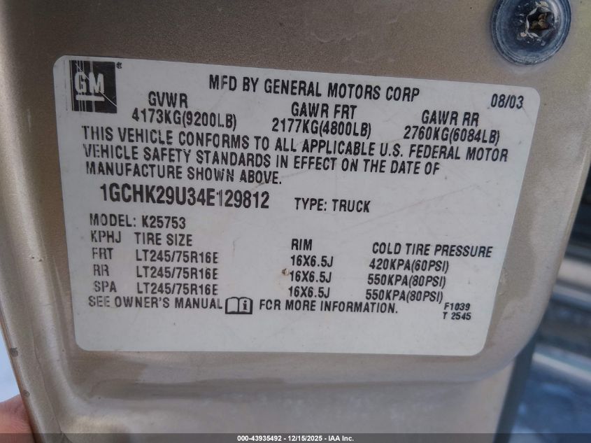2004 Chevrolet Silverado 2500Hd Ls VIN: 1GCHK29U34E129812 Lot: 43935492