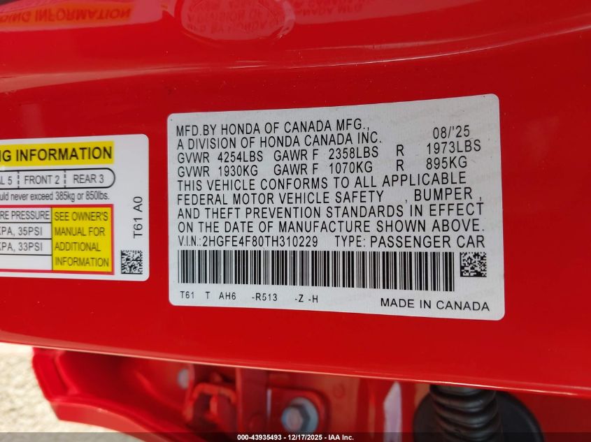 2026 Honda Civic Hybrid Sport/Sport Touring VIN: 2HGFE4F80TH310229 Lot: 43935493