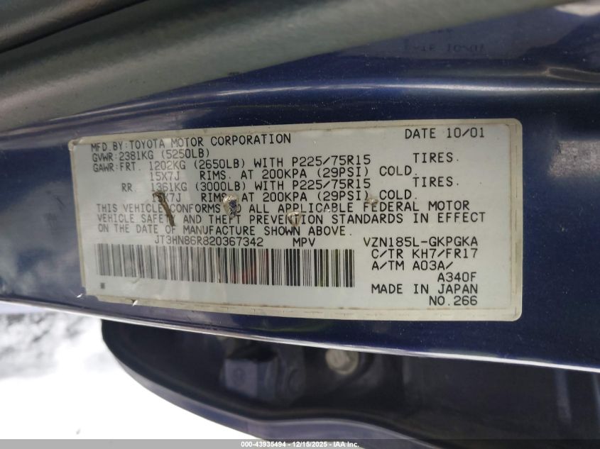 2002 Toyota 4Runner Sr5 V6 VIN: JT3HN86R820367342 Lot: 43935494