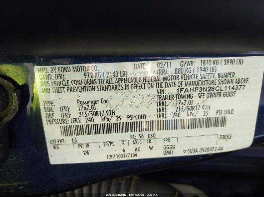 2012 Ford Focus Titanium VIN: 1FAHP3N28CL114377 Lot: 43935495