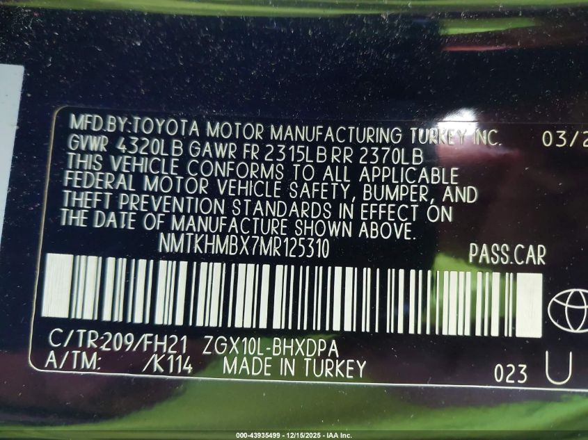 2021 Toyota C-Hr Le VIN: NMTKHMBX7MR125310 Lot: 43935499