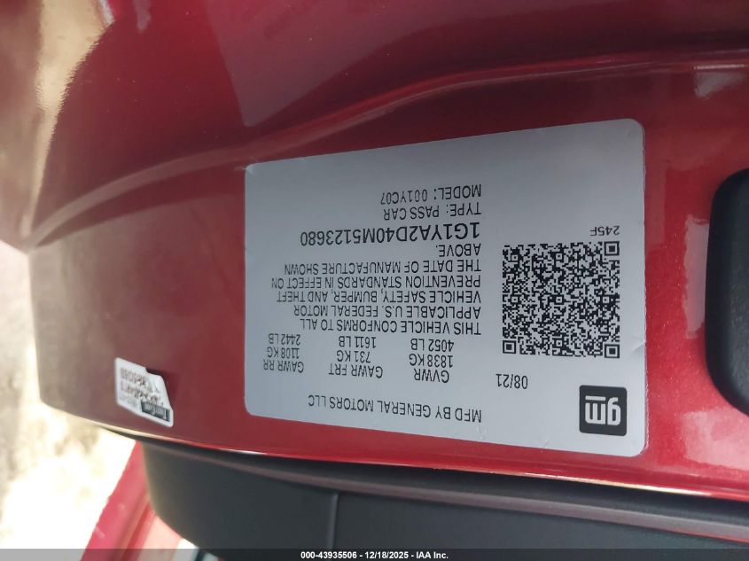 2021 Chevrolet Corvette Stingray Rwd 1Lt VIN: 1G1YA2D40M5123680 Lot: 43935506