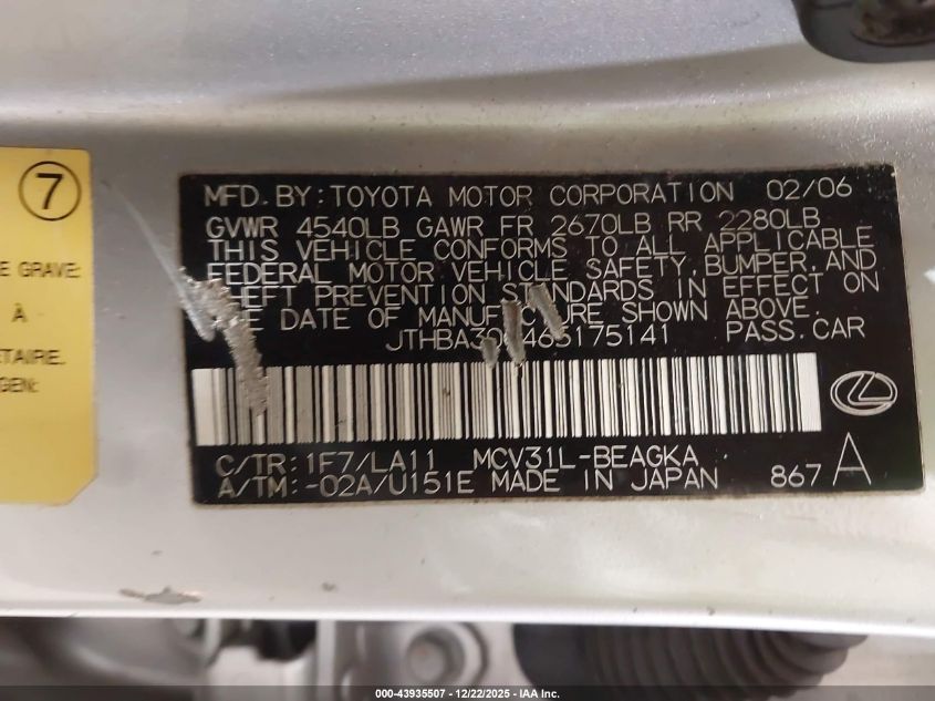 2006 Lexus Es 330 VIN: JTHBA30G465175141 Lot: 43935507