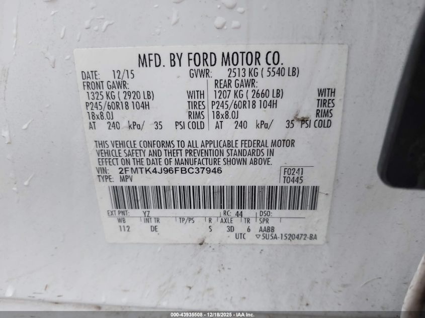 2015 Ford Edge Sel VIN: 2FMTK4J96FBC37946 Lot: 43935508